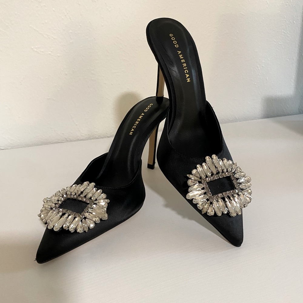 Good American Satin & Crystal Heeled Mule Pump - Size 8.5